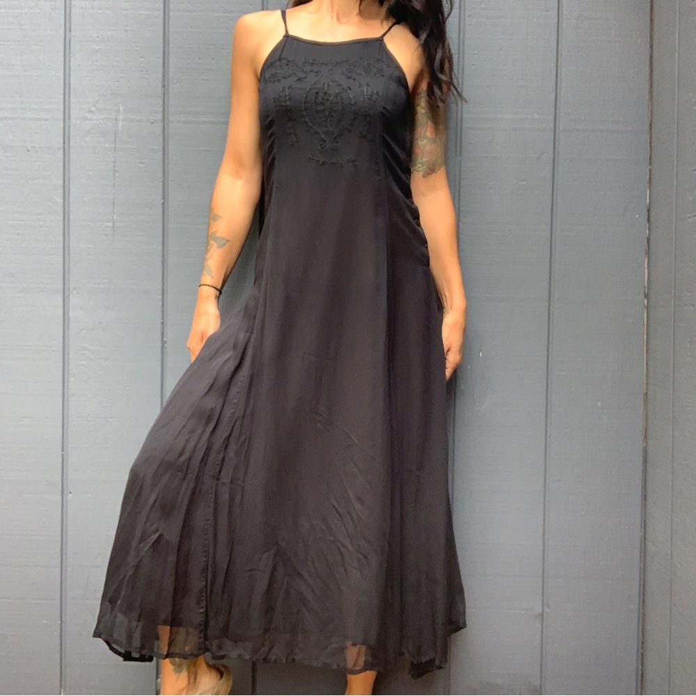 Vintage 90s Badge black embroidered boho dress Sz M